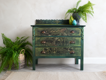 Load image into Gallery viewer, Hand Painted Edwardian Chest of Drawers | Green Botanical Vintage Drawers | Rustic Painted Bedroom Storage | One of a Kind Furniture
