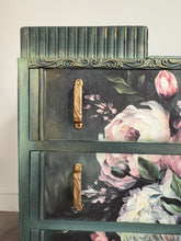 Load image into Gallery viewer, Vintage Hand Painted Floral Chest of Drawers, Deep Green Statement Furniture, Mid Century Dresser
