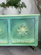 Load image into Gallery viewer, Hand-Painted Vintage Blanket Box – Green Blended Storage Chest – Boho Cottage Furniture – Upcycled Decorative Trunk
