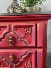 Load image into Gallery viewer, Hand painted boho bedside cabinet. Red pink drawers, Moroccan style