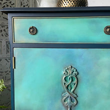 Load image into Gallery viewer, Vintage cabinet with drawers, small sideboard, blue and green hand painted boho