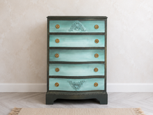 Load image into Gallery viewer, Hand Painted Vintage Mahogany Chest of Drawers | Bow Fronted, Deep Green, Blue & Metallic Highlights