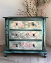 Load image into Gallery viewer, Hand painted pine chest of drawers, dark green and floral