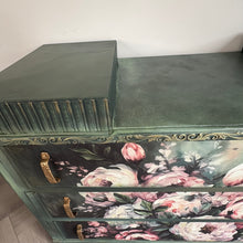 Load image into Gallery viewer, Vintage Hand Painted Floral Chest of Drawers, Deep Green Statement Furniture, Mid Century Dresser