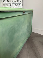 Load image into Gallery viewer, Hand-Painted Vintage Blanket Box – Green Blended Storage Chest – Boho Cottage Furniture – Upcycled Decorative Trunk