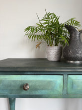 Load image into Gallery viewer, Hand painted vintage pine console table, green & bronze, textured