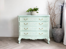 Load image into Gallery viewer, French style vintage chest of drawers hand painted mint green and white