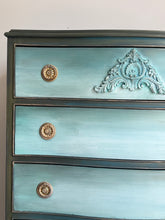 Load image into Gallery viewer, Hand Painted Vintage Mahogany Chest of Drawers | Bow Fronted, Deep Green, Blue & Metallic Highlights