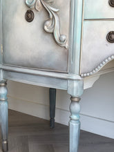 Load image into Gallery viewer, Vintage Hand Painted Sideboard in Beige, Seafoam & Grey, Ornate French Style Cabinet, Statement Hallway Table Storage Unit