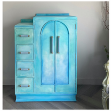 Load image into Gallery viewer, Art Deco small oak wardrobe with drawers, turquoise