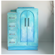 Load image into Gallery viewer, Art Deco small oak wardrobe with drawers, turquoise