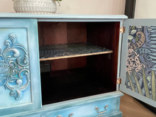 Load image into Gallery viewer, Hand Painted Solid Oak Cabinet | TV Unit, Drinks Cabinet or Storage Sideboard | Vintage Coastal Boho Furniture