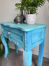 Load image into Gallery viewer, Turquoise Blue Hand Painted Pine Console Table. Boho Style