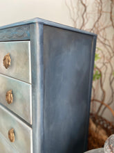 Load image into Gallery viewer, Vintage Lebus chest of drawers, painted blue, bronze