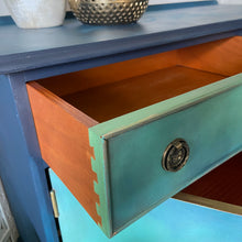 Load image into Gallery viewer, Vintage cabinet with drawers, small sideboard, blue and green hand painted boho