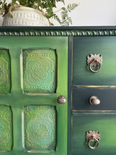 Load image into Gallery viewer, Hand Painted Oak Sideboard | Upcycled Green Storage Cabinet | Rustic Farmhouse Furniture