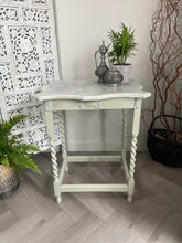 Load image into Gallery viewer, Vintage oak side table, sage green, floral top
