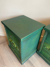 Load image into Gallery viewer, Vintage pine pair of bedside drawers, hand painted green and gold