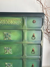Load image into Gallery viewer, Hand Painted Vintage Chest of Drawers, Forest Green Furniture, Ornate Detail, One of a Kind