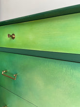 Load image into Gallery viewer, Hand Painted Green Chest of Drawers – Upcycled Furniture with Gold Legs – Unique Storage for Modern Homes