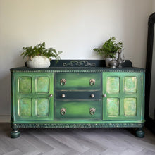 Load image into Gallery viewer, Hand Painted Oak Sideboard | Upcycled Green Storage Cabinet | Rustic Farmhouse Furniture