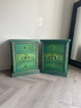 Load image into Gallery viewer, Vintage pine pair of bedside drawers, hand painted green and gold