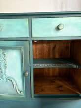 Load image into Gallery viewer, Vintage pine cabinet/sideboard. Dark green and teal