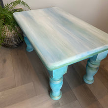 Load image into Gallery viewer, Vintage low coffee table, turquoise, blue & white boho style