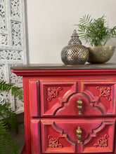 Load image into Gallery viewer, Hand painted boho bedside cabinet. Red pink drawers, Moroccan style