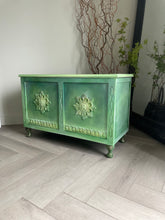 Load image into Gallery viewer, Hand-Painted Vintage Blanket Box – Green Blended Storage Chest – Boho Cottage Furniture – Upcycled Decorative Trunk