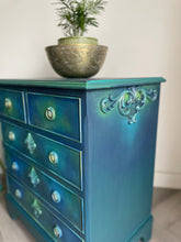 Load image into Gallery viewer, Vintage Chest Of Drawers Hand Painted With Boho Blends, Teal, Blue & Green