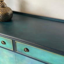 Load image into Gallery viewer, Vintage cabinet with drawers, small sideboard, blue and green hand painted boho