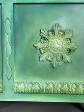 Load image into Gallery viewer, Hand-Painted Vintage Blanket Box – Green Blended Storage Chest – Boho Cottage Furniture – Upcycled Decorative Trunk