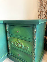 Load image into Gallery viewer, Vintage pine pair of bedside drawers, hand painted green and gold