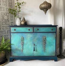 Load image into Gallery viewer, Vintage cabinet with drawers, small sideboard, blue and green hand painted boho