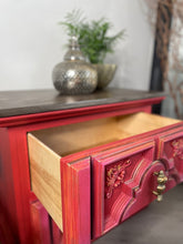 Load image into Gallery viewer, Hand painted boho bedside cabinet. Red pink drawers, Moroccan style