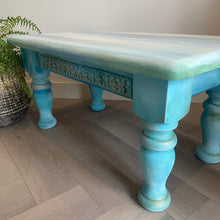 Load image into Gallery viewer, Vintage low coffee table, turquoise, blue & white boho style