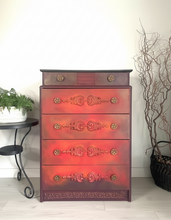 Load image into Gallery viewer, Vintage Stag Chest of Drawers Hand Painted Boho Blends, Orange & Red