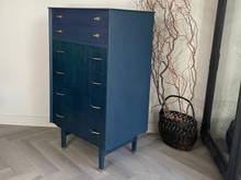 Load image into Gallery viewer, Vintage Limelight Chest of Drawers – Hand-Finished in Custom Blue Teal | Restored Mid-Century Storage | Gold Accents | Unique Bedroom Furniture