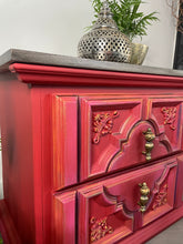 Load image into Gallery viewer, Hand painted boho bedside cabinet. Red pink drawers, Moroccan style