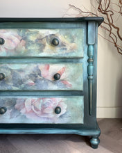 Load image into Gallery viewer, Hand painted pine chest of drawers, dark green and floral