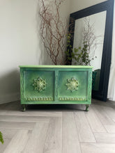 Load image into Gallery viewer, Hand-Painted Vintage Blanket Box – Green Blended Storage Chest – Boho Cottage Furniture – Upcycled Decorative Trunk