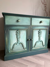 Load image into Gallery viewer, Vintage pine cabinet/sideboard. Dark green and teal