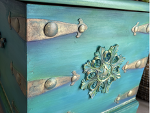 Load image into Gallery viewer, Hand Painted Vintage Storage Chest Coffee Table | Green Turquoise Blanket Box | Upcycled Wooden Trunk