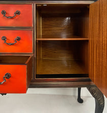 Load image into Gallery viewer, Vintage sideboard Queen Anne legs, black, red and orange