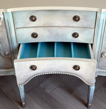 Load image into Gallery viewer, Vintage Hand Painted Sideboard in Beige, Seafoam & Grey, Ornate French Style Cabinet, Statement Hallway Table Storage Unit
