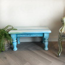 Load image into Gallery viewer, Vintage low coffee table, turquoise, blue & white boho style