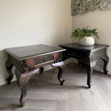 Load image into Gallery viewer, Vintage hand-painted side tables. Pair of french style bedside tables. Bronze