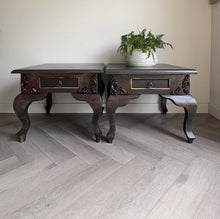 Load image into Gallery viewer, Vintage hand-painted side tables. Pair of french style bedside tables. Bronze