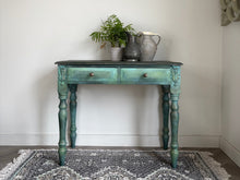 Load image into Gallery viewer, Hand painted vintage pine console table, green & bronze, textured